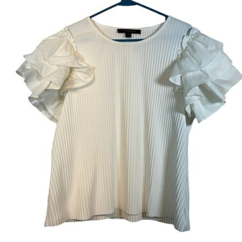 Marc New York White Pleated Ruffle S/S Roundneck Blouse Size XL #6227